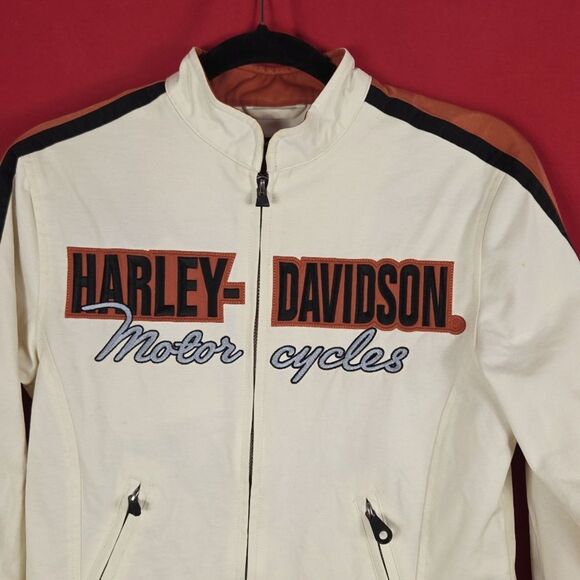 HARLEY DAVIDSON VINTAGE  Stripe Jacket Orange White Womens‎ Size XS Motorcycle - Picture 2 of 15